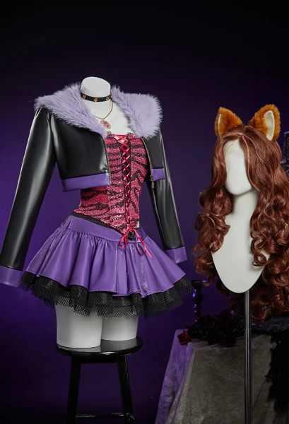 MH Clawdeen Derivative Gothic Corset Skirt Suit Patterned Off-the-shoulder Strap Top and Multi-layered Skirt with PU Fur-trimmed Jacket