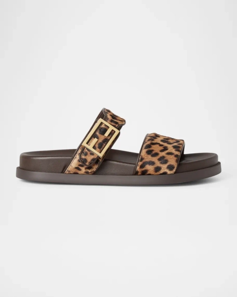 Fendi Feel Leopard Calf Hair Slide Sandals