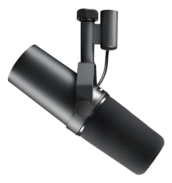 Microfone dinâmico Shure SM7B estúdio podcast preto som profissional isolamento ruído versátil