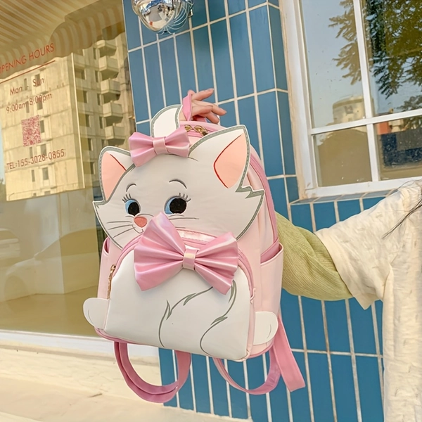 Marie Cat Women's Backpack - Vintage College Style with Adjustable Straps, Embroidery Detailing & Zipper Closure, Black with Pink Accents for Travel,, Casual Outings - Gift for Fans, Backpack, Zipper Compartments