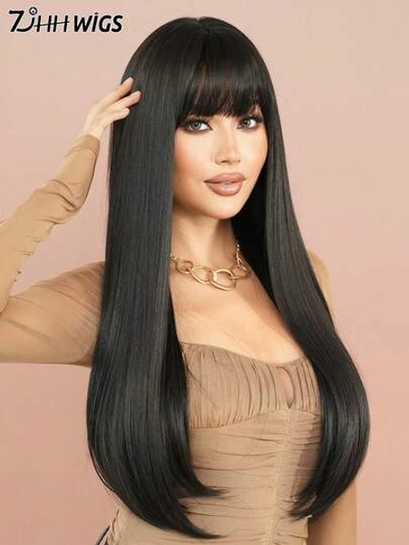 7JHH WIGS 28 Inch Natural Black Long Straight Wigs For Women - Elegant Fluffy Wig With Bangs, Natural Looking, Very Silky Synthetic Heat Resistant Fiber Full Machine Hair Wig For Girls Daily Wear, Music Festival Party Special, Cosplay Anime Use Mother's Day Gifts