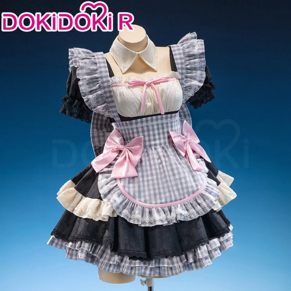 【Size XS-2XL】DokiDoki-R Anime Cosplay Costume Gray Gingham Lolita Pink Bows Maid Dress - Costume Only-XS-Order Processing Time Refer to Description Page