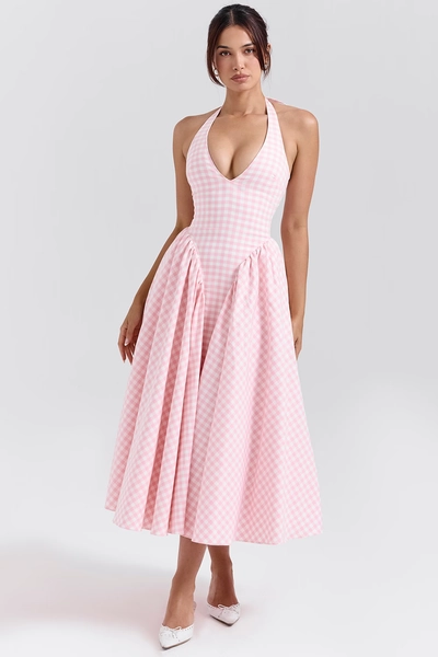 Marilyn Strawberry Shortcake Gingham Halter Midi Sundress