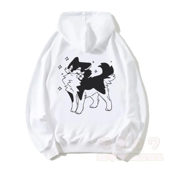 Playful Puppy With Flower Graphic Loose Cotton-Blend Hoodie