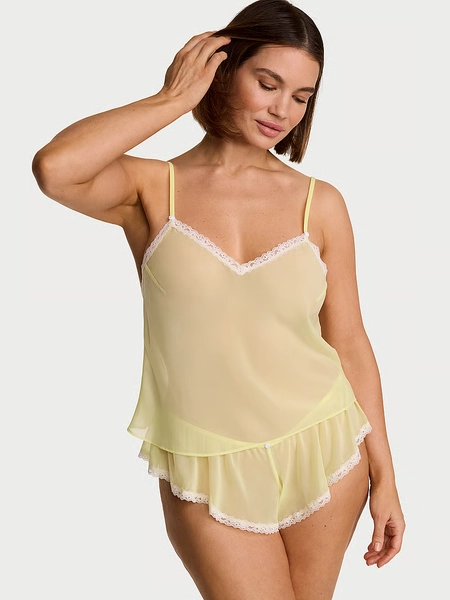 Chiffon Lace-Trim Cami & Flutter Shorts Set