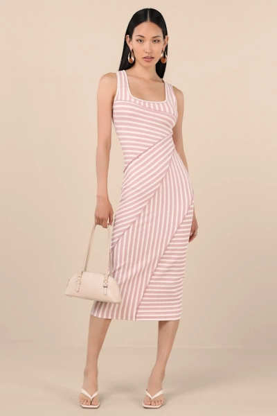 Blush Striped Crinkle Bodycon Midi Dress