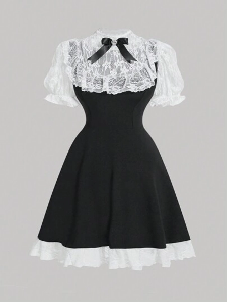 SHEIN MOD Contrast Lace Bow Front Puff Sleeve Dress