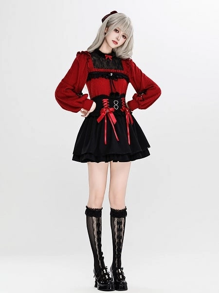Jirai Kei Black Lace-up Front High Waist Skirt with Red Satin Bow Pins