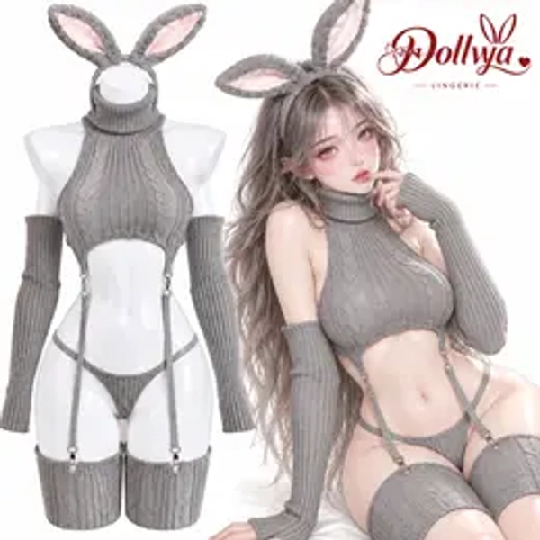 Dollvya Gray Bunny Lingerie Set for Women, Cable Knit Halter Crop Top with Turtleneck, Matching Thong, Long Fingerless Gloves, Thigh High Leg Warmers & Bunny Ears Headband