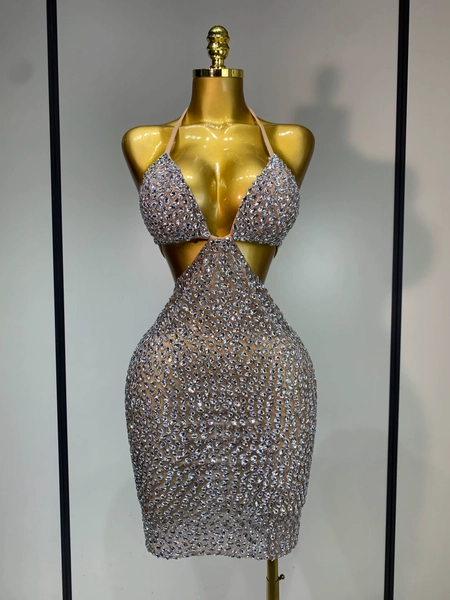 Vestido ajustado sexi con espalda descubierta y diamantes de imitación de cristal de lujo brillante para mujer, traje de escenario para cantante, disfraz elegante de cumpleaños para celebridades