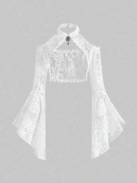Goth Top corto con scollo alla halter, maniche a sbuffo e inserti in pizzo trasparente, in stile gotico e da palazzo