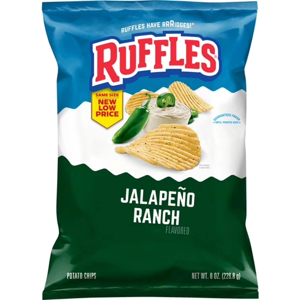 Ruffles Potato Chips Jalapeno Ranch Flavored 8.0 oz Bag