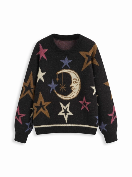 Knit Star & Moon Pattern Oversized Sweater