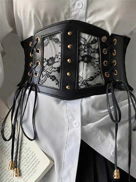 1pc Women's Renaissance Accessories Gold Elastic Waist Belt Bustier Corset Lace Mesh Sexy Waist Cincher, Suitable For Halloween Party Or Daily Wear