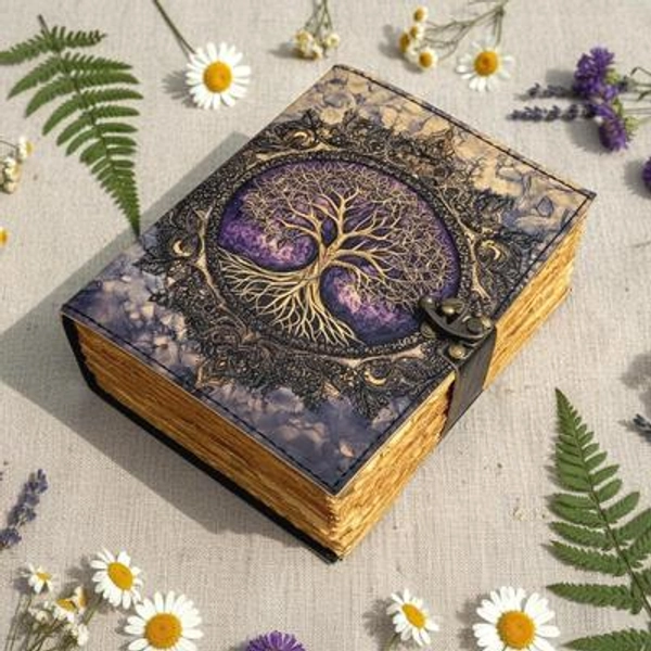 Tree of Life 400 Page Grimoire Vintage leather journal, Blank spell book of shadows