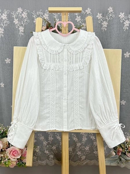 [$30.00]White Peter Pan Collar Cotton Long Sleeves Blouse