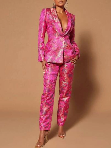 GLOURI Hot Pink Floral Jacquard Suit Set - Women's Satin Blazer & Straight Leg Pants | Formal Wedding Guest Outfit For Red Carpet Events/Black Tie Galas (Designer Two-Piece & Pocket Details