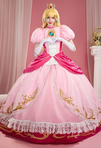 Girl Peach Cosplay Costume Dress with Apron and Waist Chain