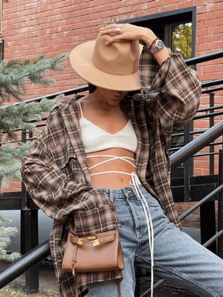 Women's Plaid Contrast Color Trim Front Button Pocket Casual Long Sleeve Shirt, Autumn Plaid Contrast Color Dropped Shoulder Loose Blouse