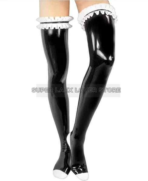 Black And White Sexy Long Rubber Latex Thigh High Stockings With Ruffles On Top Trims At Feet Halloween - AliExpress