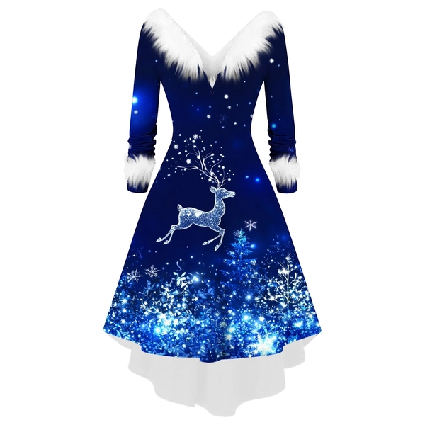 Women's Long Sleeve V-Neck Christmas Snowflake Print Dress, Soft Stretchy Fit
