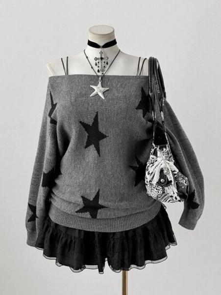 Sunspun Plus Size Women's Y2K Streetwear Style Pentagram Jacquard Loose Boat Neck Batwing Sleeve Comfortable Knit Pullover Sweater, Suitable For Autumn/Winter And Back To School Season Vintage Celestial Clothes Kpop Clothes Korean Fashion Edgy Clothes Woman Fall