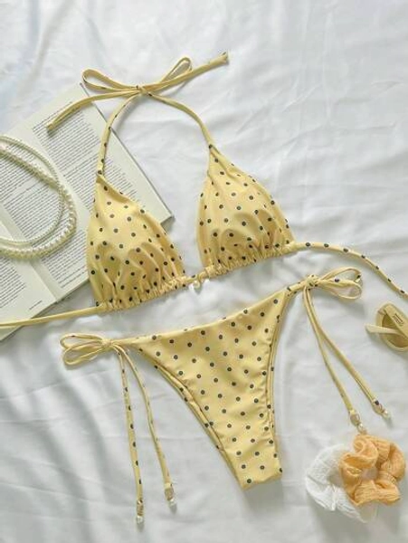 Swim Mod Springbreak Women's Polka Dot Print Halter Tie Front Bikini Set Set, Random Print For Summer Beach Vacation