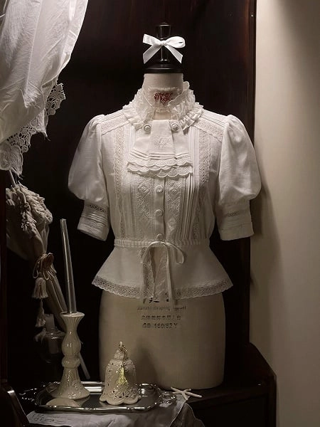 [$62.00]White Ruffle Neckline Lolita Blouse with Open Hem