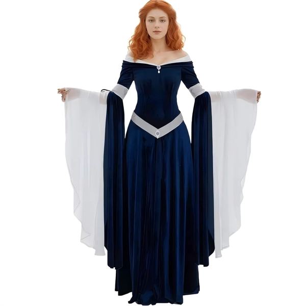  Medieval Renaissance Costume Elf Style Off Shoulder Green Velvet Long Slim-fit Dress with Chiffon Sleeves - AliExpress 200000532