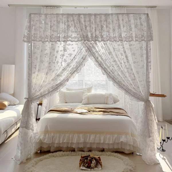 Elegant Lace Princess 4 Corner Post Mosquito Net Romantic for Girls Women Bed Curtain Canopy for Adults Wedding Bedroom Kids Rooms Decoration，White2,Queen