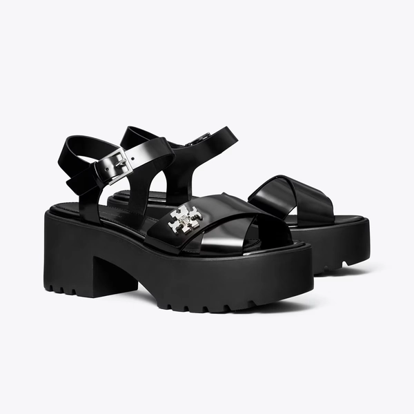 Turnlock Platform Lug Heeled Sandal in black, size 12