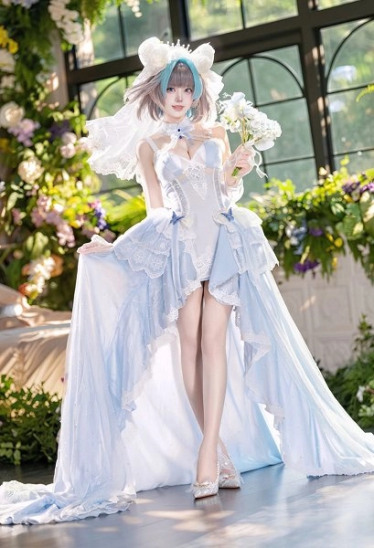 Azur Lane HMS Cheshire White Seaside Melody Skin Cosplay Costume Halter Dress with Veil and Train