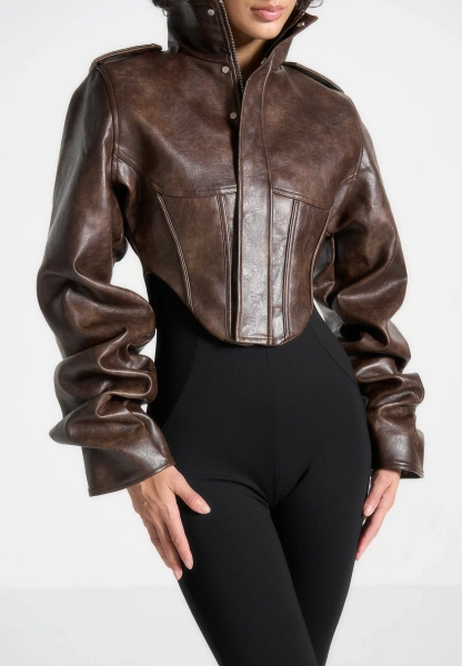 Solange – Korsett-Jacke aus Vintage-Leder mit aufgesetzten Ärmeln – Braun