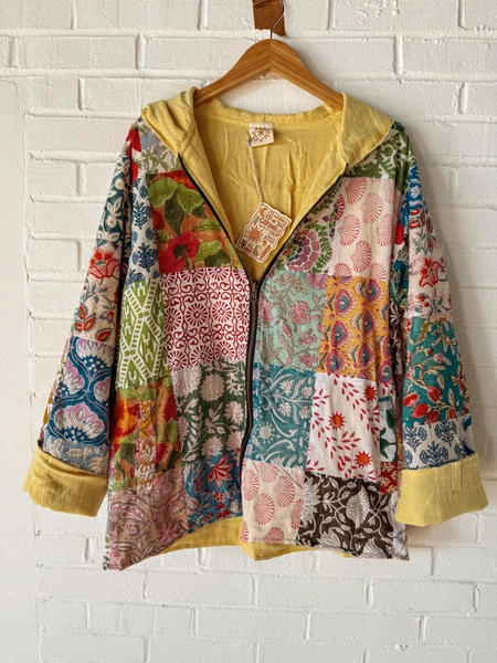 Granny Patchwork Organic Cotton Reversible Jacket 2 Sided Bamboo Zip-Up Hoodie Upcycled Scrap Block Print Fabric, Vintage Cottage Core Style