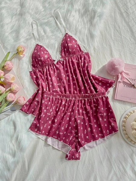 CottageSlumber Lace Patchwork Deep V-Neck Tiny Floral Camisole & Shorts Pajama Set Floral Pajama Set Ruffle Pajama Set Lingerie Pajama SetPajama Set  Cozy And Elegant Details