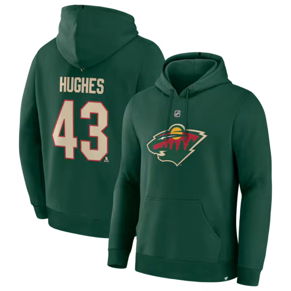 Men's Minnesota Wild Quinn Hughes Fanatics Green Authentic Stack Name & Number Hoodie