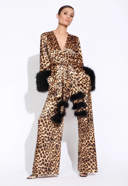 Leopard "Beverly" Lounge Suit w/ Marabou Cuffs  Sizes: S, 1X