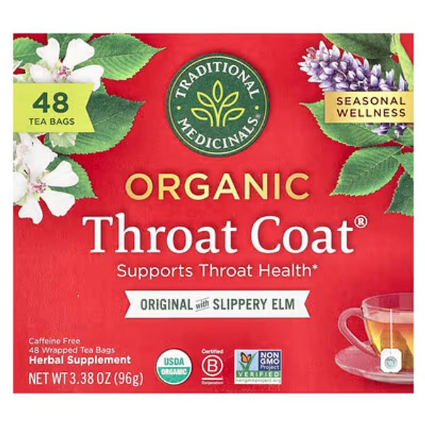 Traditional Medicinals, Organic Throat Coatยฎ, Original with Slippery Elm, Caffeine Free, 48 Wrapped Tea Bags, 3.38 oz (96 g)