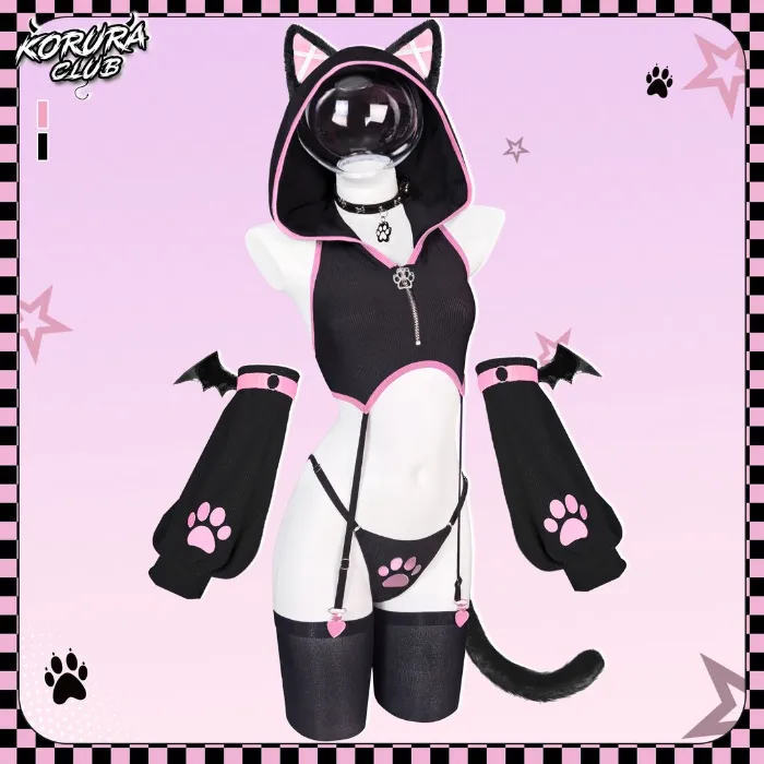 Cat Cosplay Lingerie Vest Set KO156 | black with pink XS/S/M