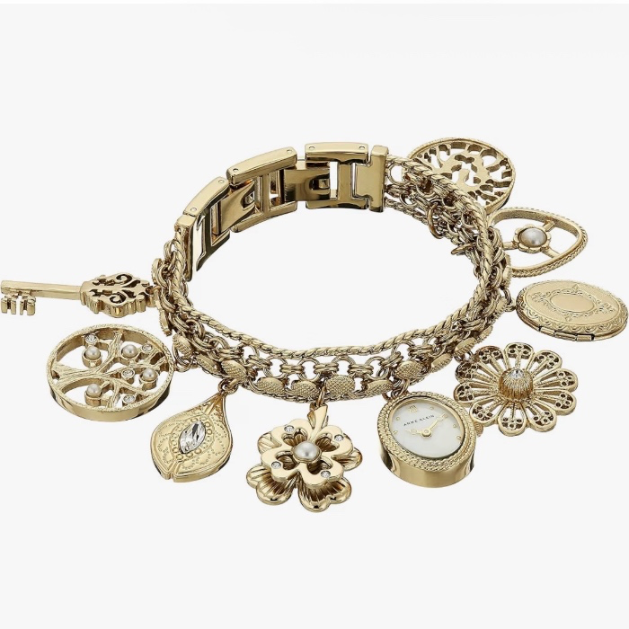 Anne Klein Women's Premium Crystal Accented Charm Bracelet Watch - Gold