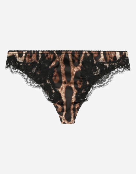 Tanga en satin à imprimé léopard et dentelle
