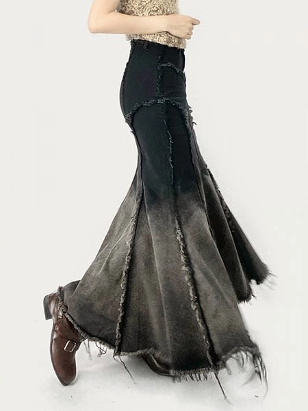 [$46.00]Millard Fashion Gradient Black Denim Mermaid Skirt with Distress Trim