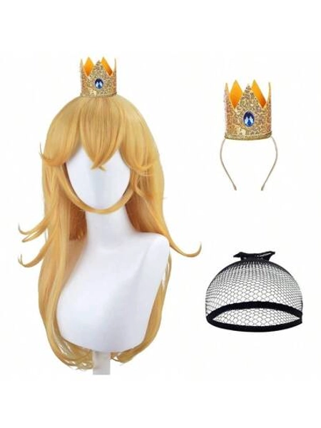LALSAM Golden Princess 1 Jewel 3 Piece Blonde Long Wave Halloween Peach Cosplay Costume Party Wig With Crown + Hair Cap