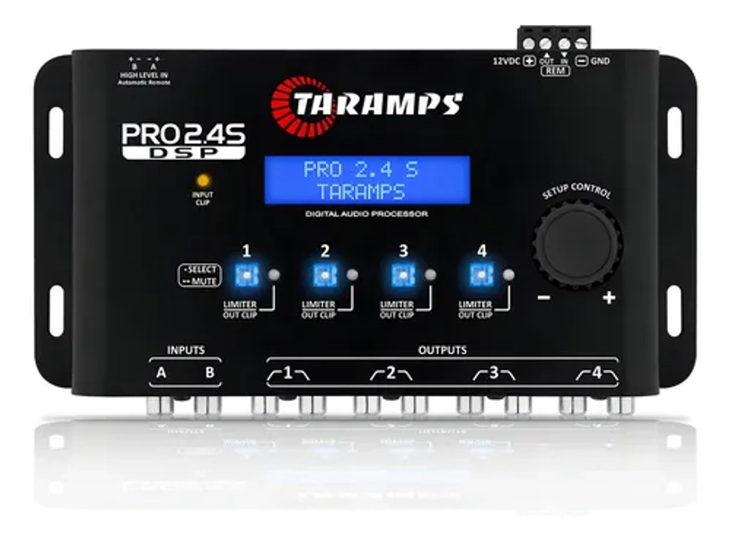 Processador de Áudio Taramps Pro 2.4S Digital 4 Vias Saída RCA e Fio Crossover Equalizador 15 Bandas Anti-Puff Alinhamento Som Automotivo Profissional Alta Performance 12 Presets DSP