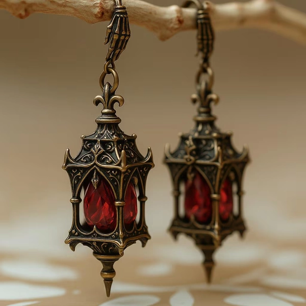 Halloween Gothic Lantern Earrings: Antique Bronze, Red Zircon, Skeleton Hand Dangle