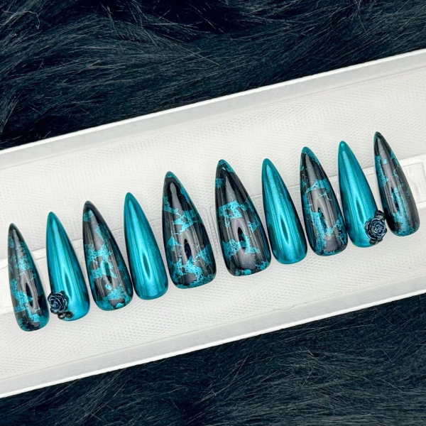 Teal Chrome Press On Nails: Edgy Gothic Rose, Custom Fit
