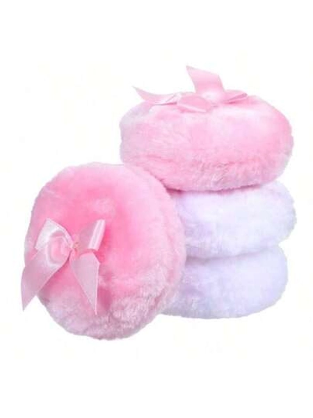 4PCS Large Fluffy Powder Puff, 3.5 Inch Round Soft Body Powder Puffs Reusable Dusting Powders Puff With Ribbon Bow Handle Makeup Body Applicator Women GirlsColorB