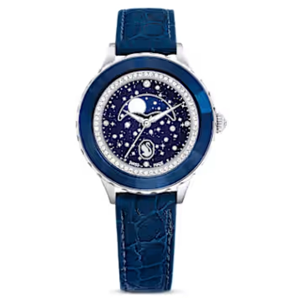 Octea moon watch, Swiss Made, Moon, Leather strap, Blue, Stainless steel