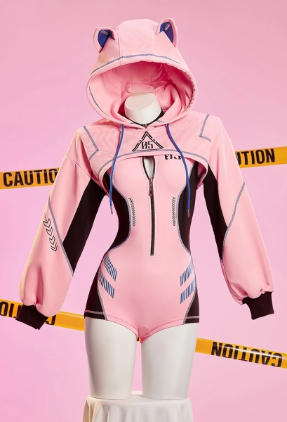 Anime Derivative Sexy Cosplay Costume Cyberpunk Style Black and Pink Bodysuit with High Cutout Hoodie