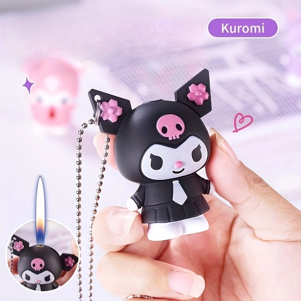(No Butane Gas) 3D Sanrio Figure Lighter, 3 Colors Cute Kuromi Lighter, Open Flame Kawaii Lighter with Chain, Cartoon Anime Lighter, Unique Gift, Without Battery